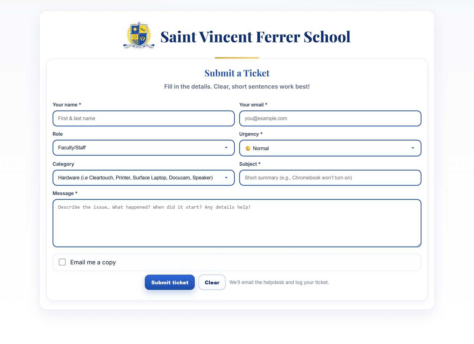 Saint Vincent Ferrer School Submit a Ticket form with name, email, role, urgency, category, subject, and message fields